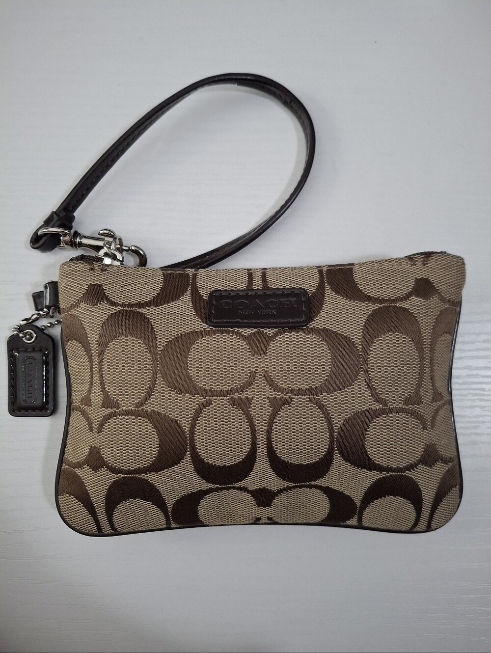 Coach Signature Khaki Brown Jacquard Wristlet Pouch NWOT